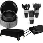 MCWLKJ 169PCS Disposable Party Plates and Cutlery Set,Black Plates and Bowls Set Party Decorations,Eco-Friendly Disposable Paper Plates Cutlery for 24 Guests (Black)