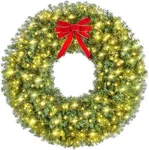 Yaheetech 60in Large Artificial Christmas Wreath, Pre-lit Holiday Accent Decoration with Red Bow, 300 LED Lights & 1026 PVC Tips, Metal Structure for Door Wall & Mantel