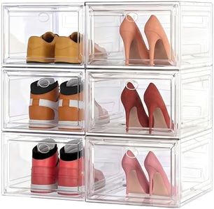 【Thicken & Sturdy】Clear Shoe Storage Organizer with Magnetic Door, Stackable Boxes for Closet, Foldable Space-Saving Shoe Rack for Sneaker Boot Container, Plastic Shoe Box 6 Pack, White