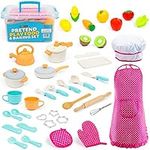 Kids Cooking and Baking Chef Set with Sliceable Play Food - Kitchen Play Set - Pretend Play Toddler Kitchen Toys - Kid Chef Apron, Fruit, Veggies, Hat & Utensils - Kids Toy (Chef Set with Play Food)