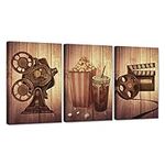 Zlove Vintage Filmmaking Concept Scene Wall Art 3 Pieces Movie Projector Film Reels Popcorn Picture Print on Canvas Stretched and Framed For Movie Room Home Bedroom Decoration Ready to Hang