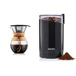 BODUM 11571 109 1L Pour Over Coffee Maker with Permanent Filter, Layered, Transparent & Krups Coffee mill F203438 Electric, Coffee, Nuts and spice grinder, One touch button, Black