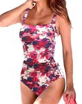 Husmeu Women's Vintage Padded Push up One Piece Swimsuits Tummy Control Bathing Suits Swimwear Pink Floral 3XL