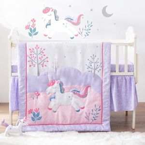 Bertte 4 Piece Crib Bedding Set for Boys Girls, Nursery Bedding Standard Size Soft Baby Bedding Crib Set Including Cartoon Quilt, Crib Skirt, Fitted Crib Sheet and Plush Toy (Unicorn)