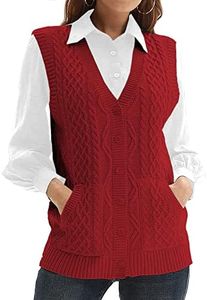 Womens’Knit Sweater Vest V Neck Sleeveless Cardigan Button Down Sweater Pocket Outwear Tops Red Wine