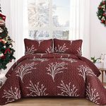 DJY Branch Quilt Set Queen Size Burgundy Floral Quilt Bedspread Bedding Set 3 Piece, Soft Microfiber Reversible Red Christmas Botanical Branches Coverlet Set, 96''x90''