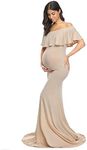 Glampunch Womens Off Shoulder Maternity Dress Ruffles Elegant Slim Gowns Fit Maxi Photography Dress, Beige, Medium