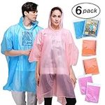 Emergency Rain Poncho Adult with Drawstring Hood - 6 Pack of Color Assorted Waterproof Thinker Ponchos - Lightweight Yet Strong, Reusable or Disposable - for Concerts, Amusement Parks, Camping.