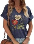 Earlymemb Womens Vintage Flowers V Neck Shirt Boho Floral Wildflowers Graphic Tee Casual Cottagecore Short Sleeve T Shirt, P-navy, Large