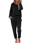 Ekouaer Pajama Set Women Long Sleeve Sleepwear Round Neck Pjs Shirt with Elastic Waist Long Pants(Black, Large)