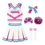 LOLANTA Girls Cheerleader Costume Kids Sequin Cheerleading Uniform Outfit with Pompoms Socks, Halloween Fancy Dress Costume for Girls 5-13 Years(Pink,10-11 Years,Tag Size 150)