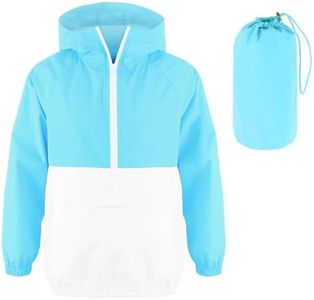 MODAFANS Girls Boys Rain Jacket Lightweight Waterproof Packable Hooded Half zip RainCoats Windbreaker for Outdoor 12-13T,White-Turquoise