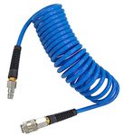 YOTOO Air Compressor Hose Polyurethane Recoil 5m Long 6mm ID x 9.5mm OD air Hose with Bend Restrictor, 1/4" Europe Quick Coupler and Plug, Blue