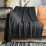 LOMAO Knitted Throw Blanket with Tassels Bubble Textured Lightweight Throws for Couch Cover Home Decor (Black, 50x60)