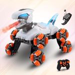 CAREIT Mechanical Dinosaur RC Car with Gesture Control & 2.4GHz Remote, 360° Rotation Stunt Toy with Spray Mist & LED Lights, Double Sided Rechargeable Off Road Racing Car for Kids-Silver/Orange