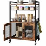 Hencawima Coffee Bar Cabinet, 3 Tier Coffee Station Table on Wheels, 35.9" H Bar Cart with Wire Basket Drawer & 5 Hooks for Home Kitchen, Liquor Buffet Sideboard Cabinet (Rustic Brown)