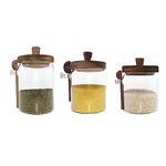 Piscepio Glass Jars with Wooden Lids and Spoons set of 3, Clear Glass Coffee Containers with Scoop Decorative Kitchen Food Storage Jars for Coffee Beans,Tea,Nut,Candy, Sugar,Bath Salts(17OZ/22OZ/27OZ)