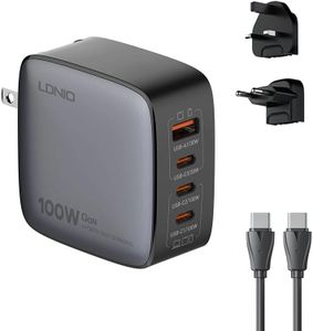 T Teclusive 100W Gan Super Fast Charging 4 Ports USB Type C Charger Compatible for iPhone 15 14 13 Pro Max/Laptop MacBook | World International Sockets Travel Adapter with Multi Port USB C (Black)