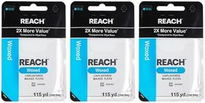 REACH Waxed Dental Floss, 115yd 3 Pack, 2X More Value, Unflavored, PFAS-Free, Plaque Remover, Shred Resistant, Gentle on Gums & Teeth, Oral Care, for Adults & Kids, Oral Care