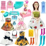 Mini Gifts - Doll Set for Girls, Foldable Doll with 10 Doll Furniture Accessories, 1 Baby Doll, 4 Doll Dresses, 3 Socks & 1 Bag