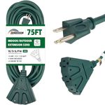 HONDERSON 75FT Outdoor Extension Cord with 3 Electrical Power Outlets - 16/3 SJTW Durable Green Cable with 3 Prong Grounded Plug for Safety,Great for Outdoor Christmas Decorations