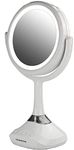 Ovente 6" Lighted Tabletop Makeup Mirror with Bluetooth Music Audio and Speakerphone, Rechargeable Battery Operated with USB Cable Included, 1x/5x Magnification, Cool LED Light, Baby Pink (white)