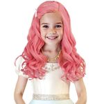 Pink Curly Wig for Kids Girls with Necklace Hairclips, 60 CM Long Pink Wavy Wig + Wig Cap for Halloween Young Red Queen Hearts Costume Cosplay