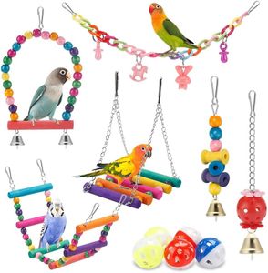 Bird Parakeet Toys,11 Pcs Swing Hanging Standing Chewing Toy Hammock Climbing Ladder Bird Cage Colorful Toys Suitable for Budgerigar, Parakeet, Conure, Cockatiel, Mynah, Love Birds, Finches