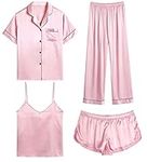 SWOMOG Pyjamas for Women 4pc Silk Pyjama Set Pink Silk Pjs Short Shirt and Cami Top Sleepwear Set Bridal Pj Sets