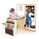 Maxmass Kids Art Table and Bench Set, 3-in-1 Children Drawing Table with Playset Height Adjustable Double Sided Art Easel, Bookshelf & Rich Accessories, Toddler Activity Table for Boys Girls (Coffee)