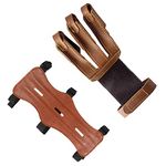 Techson Archery Arm Guards and Finger Gloves, Adjustable Protective Leather Bow Range with 3 Strap Buckles, Shooting Hunting Arrow Bow Three Finger Tab Guard (Brown)