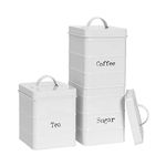 Harbour Housewares Round Metal Tea Coffee Sugar Canisters - White - 3pc Set - Vintage Kitchen Storage Loose Tea Coffee Beans Granulated Sugar Airtight Container Food Preserve Caddy with Lid