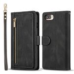 QLTYPRI Case for iPhone 7 Plus 8 Plus, Large Capacity Leather Wallet Case Card Holder Zipper Pocket Kickstand Wrist Strap Magnetic Protective Cover for iPhone 7 Plus 8 Plus - Black