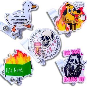 YJ PREMIUMS 5 PC Badge Reel Holder Retractable with ID Clip for Nurse Nursing Name Tag Card Cute Funny This is Fine Fire Nursing Student Teacher Doctor RN LPN Medical Assistant Work Office Supplies