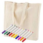6 Pack Heavy Duty Thick Canvas Tote Bags with Bottom Gusset 16 x 14 x 4 inch Durable 12oz Eco-Friendly Shopping Bag, Washable Reusable Crafting Bag - BONUS 10 Fabric markers（ Random Color for Markers）