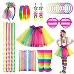 80s Fancy Dress Costume Accessories Se for Women Girls Rainbow Tutu Skirt Leg Warmers Fishnet Gloves Glasses Earrings Bracelet Necklace Headband, Retro Outfit for 80s Party, Dress up Day