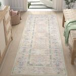 JINCHAN Antibacterial Runner 2x10 Area Rug Hallway Indoor Washable Vintage Rug Living Room Floral Print Floor Cover Bathroom Non-Slip Pinkish Green Carpet for Kids Nursey Bedroom Kitchen Laundry Room