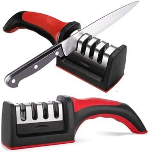 Longzon Manual 3 Stage Knife Sharpener for Kitchen, Knife Sharpener Rod, Knives Sharpening Tool for Steel Knives (Red Black)