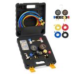 Orion Motor Tech AC Manifold Gauge Set for R410a R22 R134a Refrigerant, 4 Valve Automotive AC Gauge Set with Antishock Gauges Color Coded Hoses Couplers Adapters, Puncturing Can Tap Freon Recharge Kit