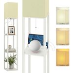 TABEVIO 4 Tier Floor Lamp with Shelves, Shelf Floor Lamp with 2 USB Ports, 2 Power Outlet, Standing Lamp with 3 Color Temperature, Corner Lamp with Linen Shade for Living Room, Bedroom, Office (White)