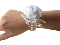 Jackcsale Fashion Bridesmaid Wrist Flower Corsage Party Hand Flower Decor with Faux Pearl Bead Wristband White Pack of 4