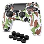 TNP PS 4 / Slim / Pro Controller Skin Grip Cover Case Set - Protective Soft Silicone Gel Rubber Shell & Anti-slip Thumb Stick Caps for Sony PlayStation 4 Controller Gaming Gamepad (Camo Green White)