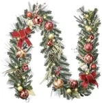 Valery Madelyn 9 Feet Pre-Lit Christmas Garland with Lights for Mantle, Lighted Outdoor Xmas Garland with Red Gold Balls & Bow for Home Stairs Fireplace Table Centerpiece Indoor Holiday Party Decor