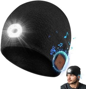 TOUCH TWO Bluetooth Beanie Hat with LED Light Wireless Musical Knitted Cap with Headphone Stereo Speakers & Mic for Running Hiking Jogging Black