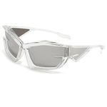 BAWUYI Cool Futuristic Y2K Sunglasses for Men Women Sports Wrap Around Shield Cat Eye Glasses Alien Space Shades, Clear Frame Silver Lens, Large