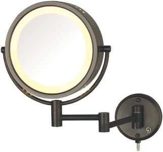 Jerdon Two-Sided Wall-Mounted Makeup Mirror with Lights - Lighted Makeup Mirror with 8X Magnification & Wall-Mount Arm - 8.5-inch Diameter Mirror with Bronze Finish Wall Mount - Model HL75BZ