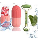 mimo Face Stone Jade Roller Massager With Gua Sha Stone And Ice Roller Set Facial Roller 100% Natural Stone Jade Roller For Skin Eye Neck Body Ice Cube Roller Women Men Beauty Silicone Reusable