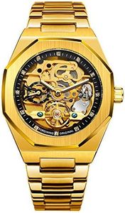 BOLYTE Tourbillon Design Men's Analog Automatic Stainless Steel Wrist Watch Mechanical Skeleton Male Clock, Gold/Black, Luxury Fashion