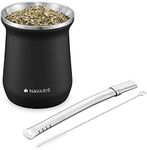 Navaris Yerba Mate Cup - 300ml Double Walled Stainless Steel Mate Tea Set with Gourd Cup Mug and Bombilla Straw and Brush for Mate Drink - Black