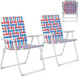 #WEJOY 2 Pack Anti-tip Over Folding Webbed Lawn Chair, Oversized 17-in High Beach Chair for Adults,Aluminum High Seat Camping Chair for Elder Outdoor Garden Park Backyard(Blue/Grey/Red)